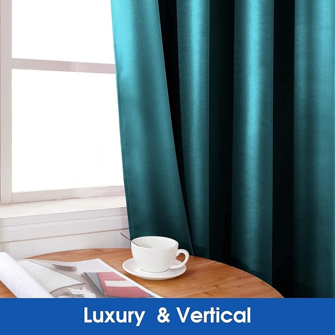 HOMEIDEAS 2 Panels Teal Faux Silk Blackout Luxury Curtains, 52 X 84 Inch Room Darkening Satin Thermal Insulated Window Drapes for Bedroom Decor, Indoor