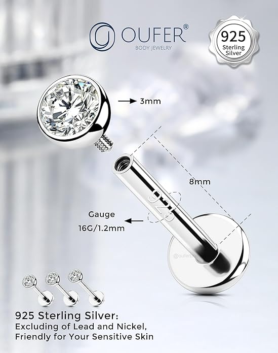 OUFER 925 Sterling Silver Helix Earrings Studs, 16G Flat Back Earrings, Silver Internally Threaded Cartilage Earrings Stud, Clear CZ Lip Rings, Ear Piercing Jewelry for Women Men