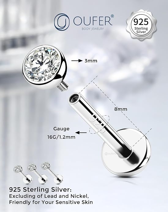 OUFER 925 Sterling Silver Helix Earrings Studs, 16G Flat Back Earrings, Silver Internally Threaded Cartilage Earrings Stud, Clear CZ Lip Rings, Ear Piercing Jewelry for Women Men