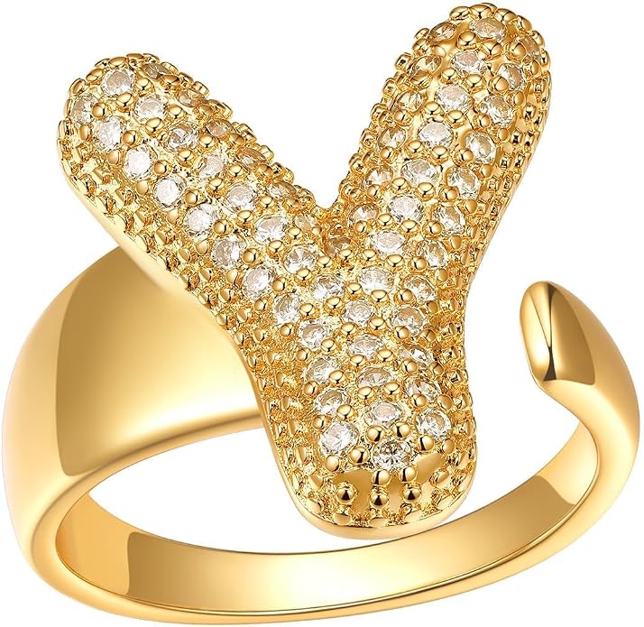 FindChic Initial Ring for Women, Gold Plated Chunky Letter Rings Open Adjustable Trendy Sparkling Cubic Zirconia Personalized Statement Rings Jewelry Gift