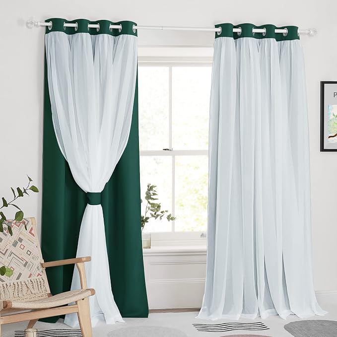 PONY DANCE Blackout Curtains 84 inches Long - Curtains for Living Room Double Layer Drapes White Sheer Overlay Light Block Room Decor, 52 by 84 inches, Hunter Green, 2 PCs