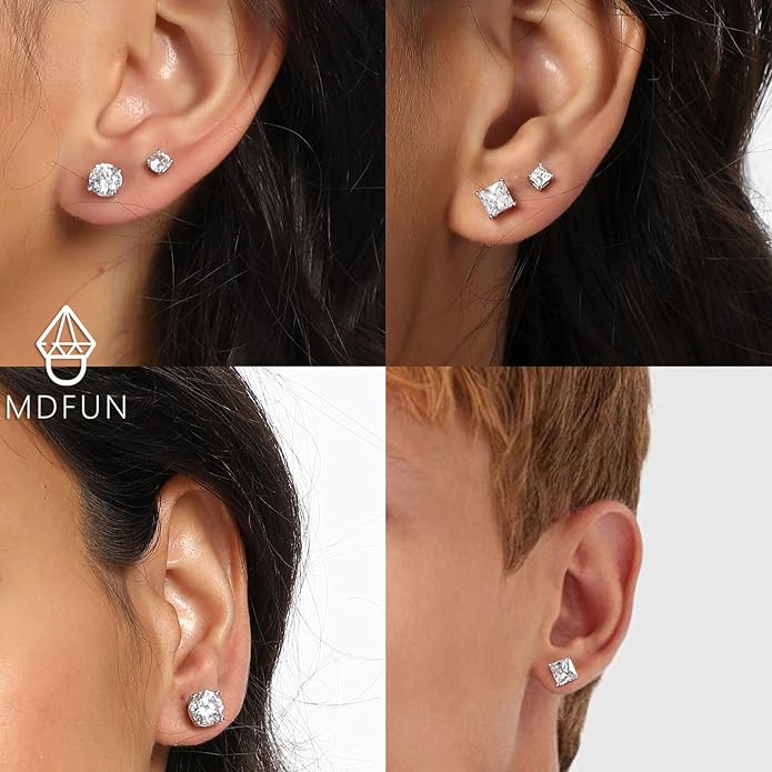 MDFUN 6 Pairs Stud Earrings Set 3mm/5mm/7mm Princess & Round Cubic Zirconia Earrings Hypoallergenic 316L Surgical Stainless Steel CZ Earrings for Women Men