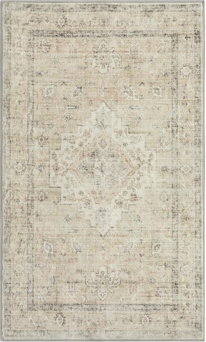 LIVEBOX Entryway Rug 3x5 Washable Area Rugs for Kitchen Bathroom, Non-Slip Front Door Mat for Bedroom, Boho Low-Pile Carpet Farmhouse Throw Indoor Mats for Bath Laundry Room, Tan