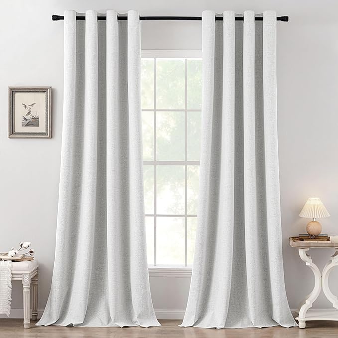 MIULEE 100% Blackout Linen Textured Curtains for Bedroom Solid Thermal Insulated Heathered White Grommet Room Darkening Curtains & Drapes Luxury Decor for Living Room 52 x 108 Inch (2 Panels)