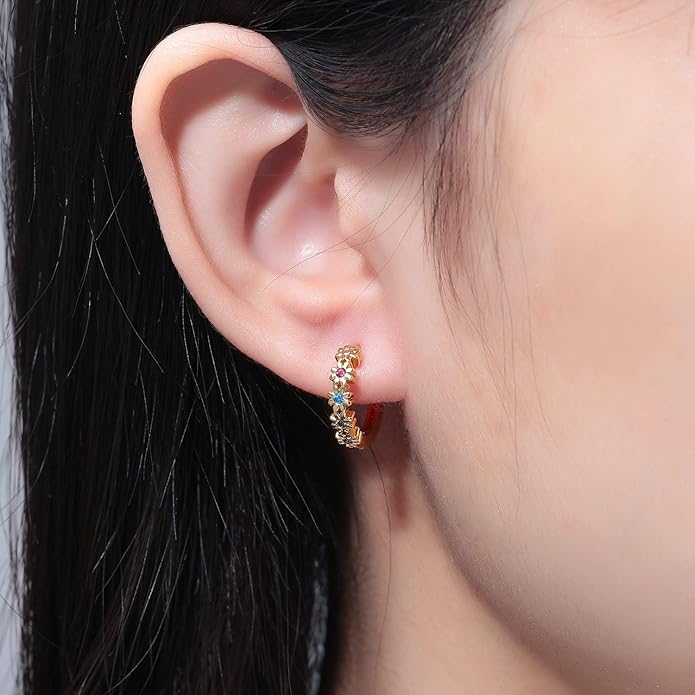 CiNily Small Hoop Earrings for Women Girls Flower Cubic Zirconia Huggie Earrings Hypoallergenic 14K Yellow Gold Plated Cartilage Earrings
