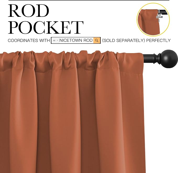 NICETOWN Blackout Curtains and Drapes - Thermal Insulated Solid Rod Pocket Blackout Draperies/Panels (Burnt Orange, 1 Pair, 34 by 54 inches)