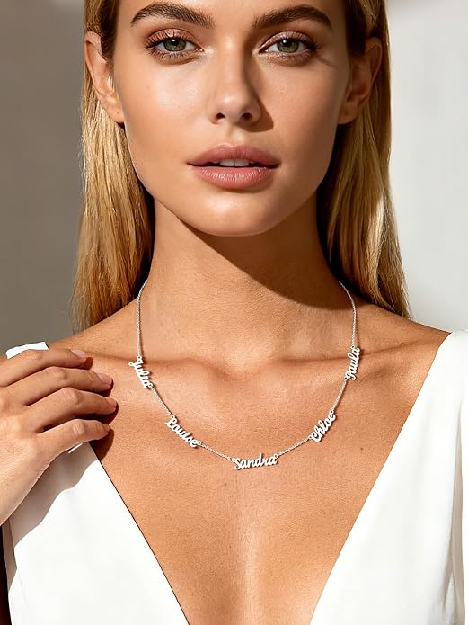 Custom4U Custom Name Necklace for Women, Personalized 1-5 Name Necklace, Sterling Silver/Stainless Steel 14K Gold Plated Nameplate Necklaces, Gift for Mom Wife Anniversary Birthday with Box