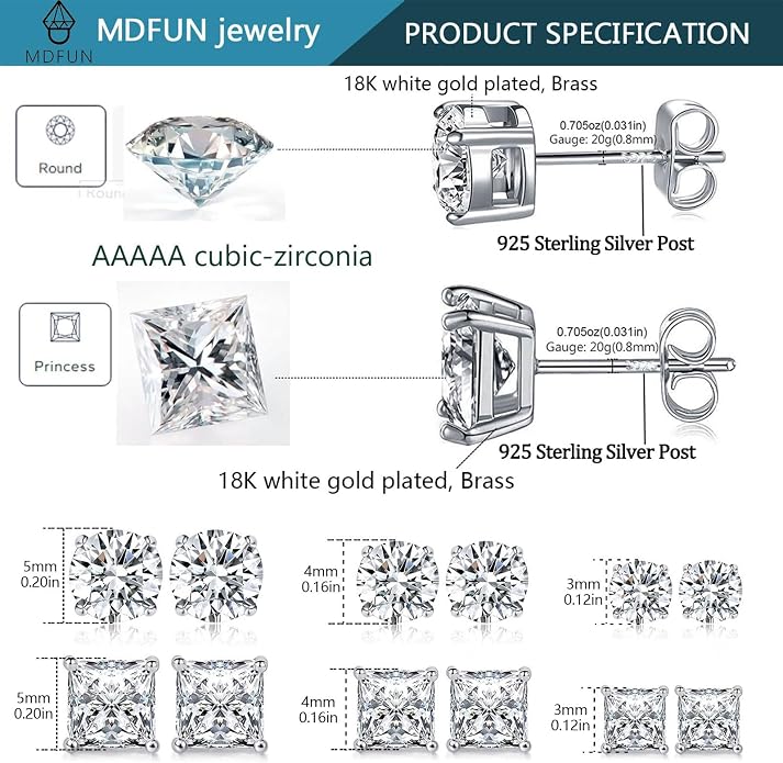 MDFUN 6 Pairs Stud Earrings Set 3mm/5mm/7mm Princess & Round Cubic Zirconia Earrings Hypoallergenic 316L Surgical Stainless Steel CZ Earrings for Women Men