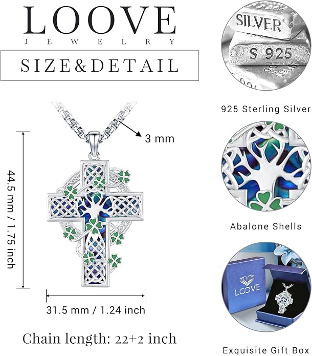 Celtic Cross Tree of Life Necklace for Women Sterling Silver Thor Hammer Tree of Life Pendant Irish Knot Cross Amulet Tree of Life Jewelry
