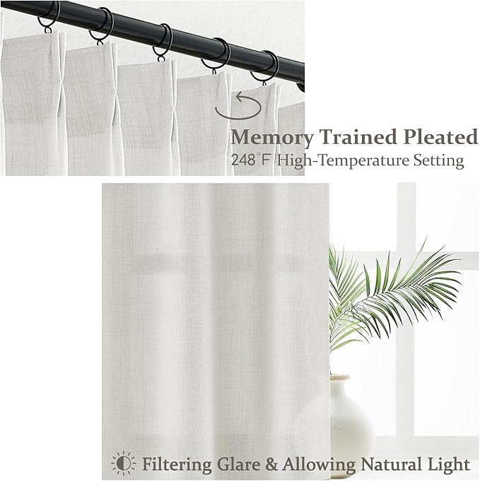 Beige White Pinch Pleated 78 Inch Curtains 2 Panels Set for Bedroom, Neutral Linen Blend Viral Sheer Drapes Sunroom Office Light Filtering Privacy Windows Curtain Ceiling Track 40"W x 78"L Length Burg