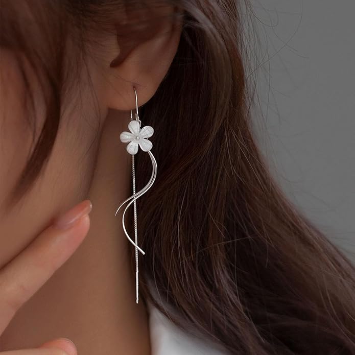 925 Sterling Silver Dainty Hard Wire Threader Dangle Earrings for Women 14k Gold Plated Tassel Threader Pull Through Long Half Hoop Earring Wedding Bridal Birthday Jewelry Gifts
