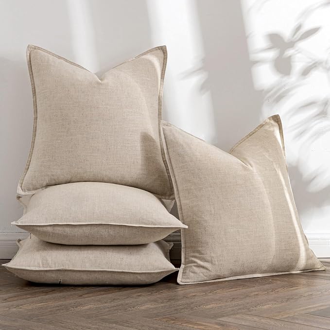 MIULEE Beige Boho Linen Decorative Pillow Covers 18x18 Inch Pack of 4 | Natural Throw Pillow Covers Soft Farmhouse Couch Pillowcases Modern Home Decors for Living Room Bed Sofa