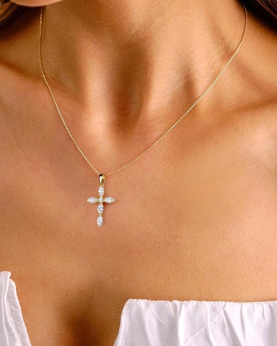 14K Gold Plated 925 Sterling Silver Birthstone Cross Necklace for Women Men