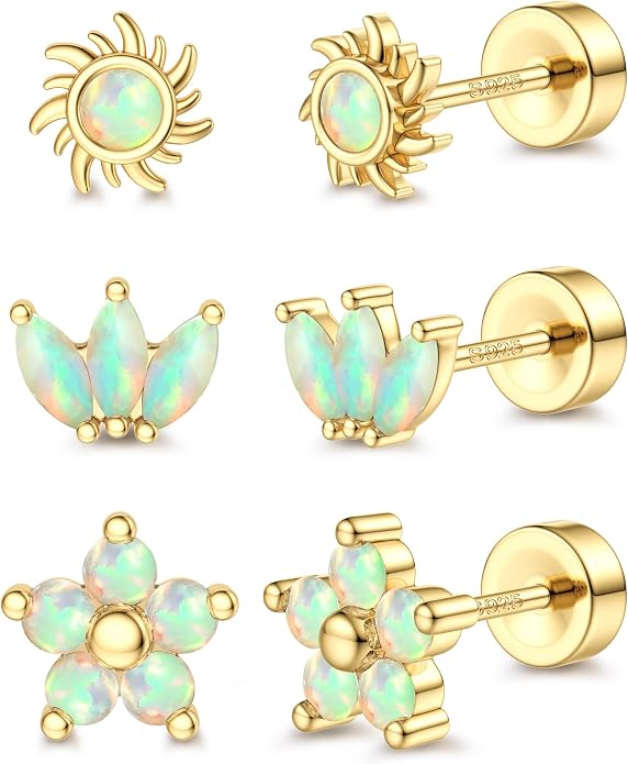 ORAZIO 925 Sterling Silver Flat Back Stud Earrings for Women Hypoallergenic 14K Gold Plated Cartilage Earrings for Sensitive Ears Small CZ Opal Conch Helix Tragus Piercing Jewelry 3 Pairs 20G