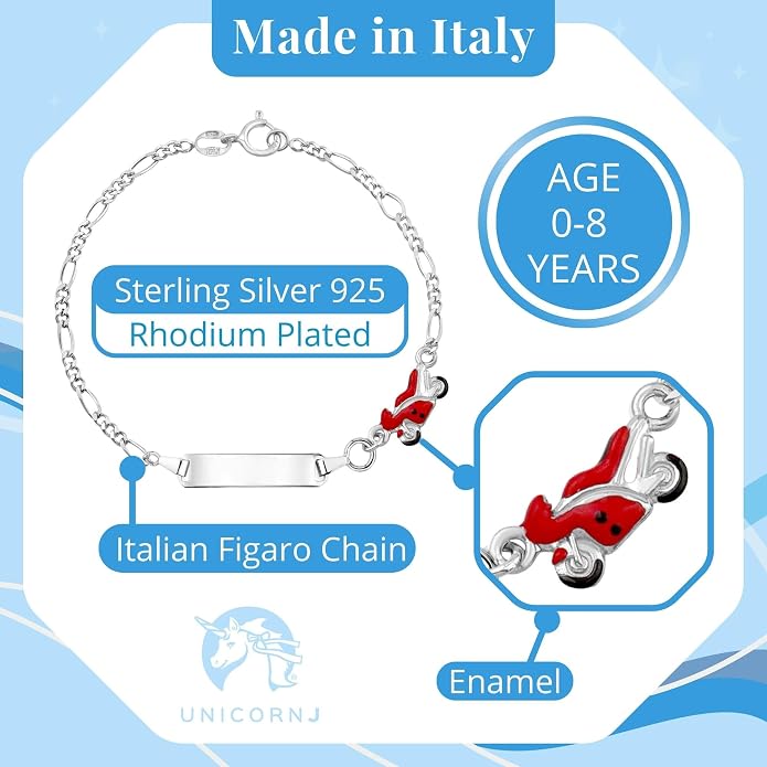 UNICORNJ 925 Italy Sterling Silver Child or Baby Name Bracelet Girls Boys, Personalized Engraved Kids ID Bracelets, 6.5" Figaro Chain, Enamel Charm Newborn Infant Toddler Kid Jewelry