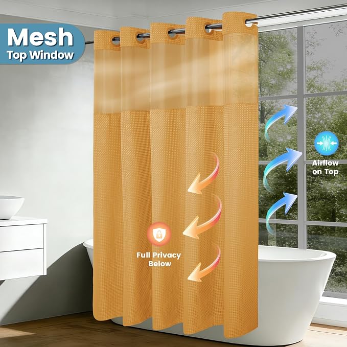 EUTXL 256GSM Heavyweight Hotel Shower Curtain - Waffle Textured Heavy Duty Thick Fabric Shower Curtains for Bathroom,71W x 74H,Gold