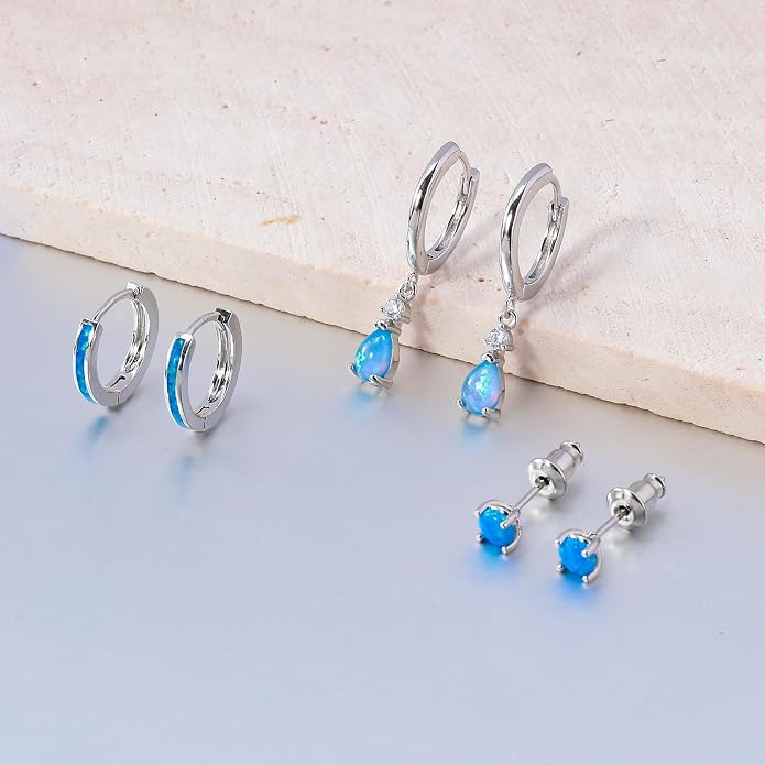 CiNily Opal Earrings Set for Women Hypoallergenic, Opal Stud Huggie Hoop Earrings Silver/Rose Gold Plated Dainty Hoop Huggie Silver Dangle Earring Stacks, Gold Jewelry