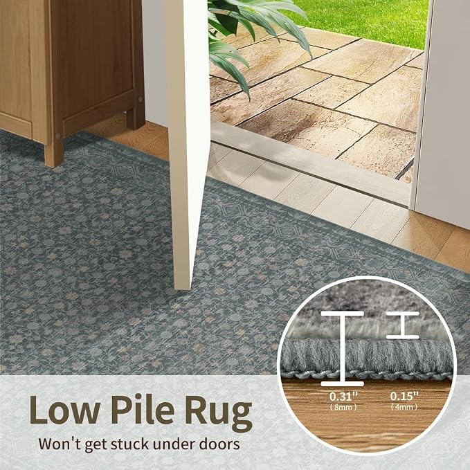 Rugxara Washable Area Rug for Living Room, Vintage Boho Rugs for Office, Dining Room, Kids Room, Farmhouse, Durable Low Pile Non Slip Carpet for High Traffic Areas, Soft Blue(4x6 ft)