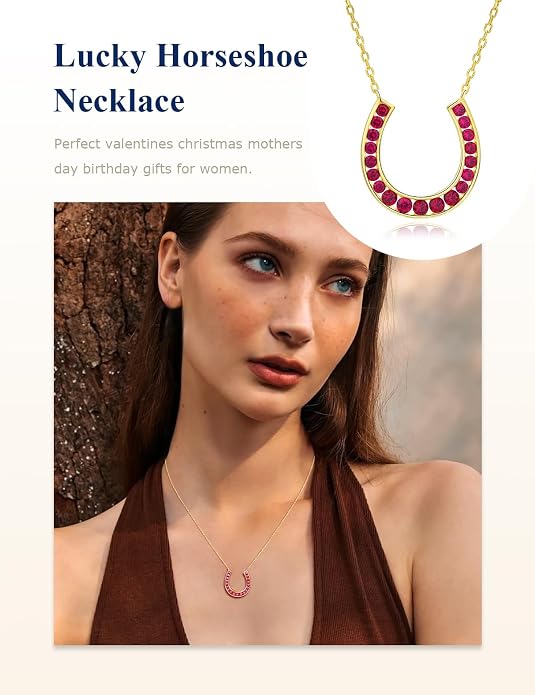 Luck Horseshoe Necklace 14K Gold Plated/Sterling Silver Created Gemstone Pendant with Chain Channel Set U Shaped Charm Necklace Birthstone Jewelry