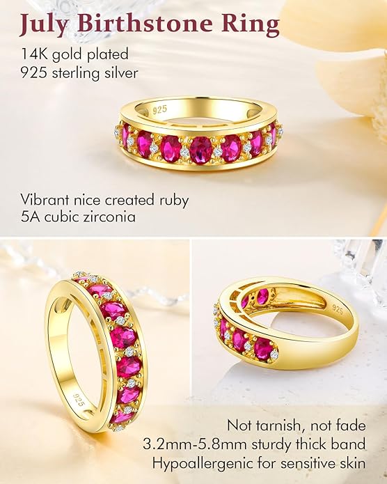 DAYBYDAY Oval Band Rings for Women, 925 Sterling Silver/14k Gold Plated Half Eternity Ring, Aquamarine/Ruby/Emerald/Sapphire Birthstone Rings, Thick Band Gemstone Anniversary Ring Size 6 to 10