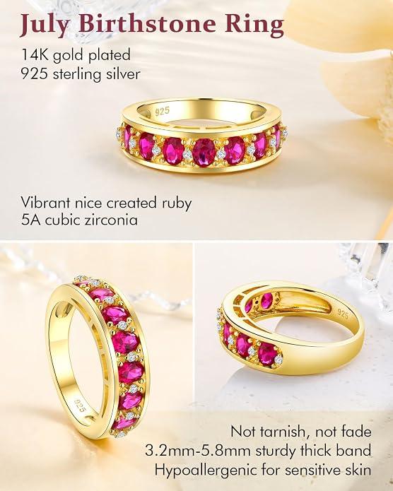 DAYBYDAY Oval Band Rings for Women, 925 Sterling Silver/14k Gold Plated Half Eternity Ring, Aquamarine/Ruby/Emerald/Sapphire Birthstone Rings, Thick Band Gemstone Anniversary Ring Size 6 to 10