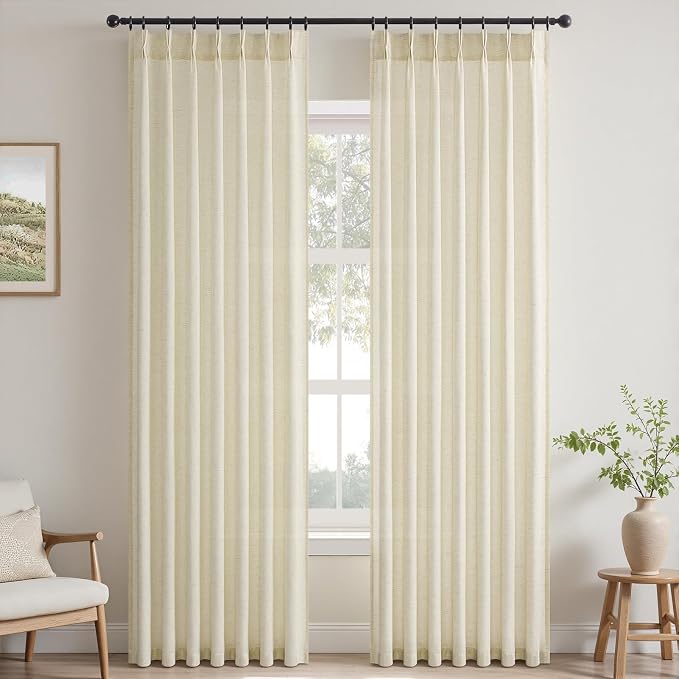 Topfinel Pinch Pleated Curtains 90 Inches Long 2 Panels Set,Cream Semi Sheer Cotton Blend Fabric Aesthetic Advanced Curtain Drapes for Living Room Bedroom,40x90 inch Length,Natural