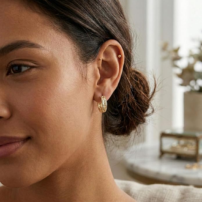 14K Gold Geometric Hoop Earrings for Women 20mm Chunky Gold Hoops Hypoallergenic Faceted Huggie Earrings Jewelry Gift
