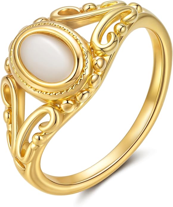 YeGieonr Non Tarnish Gold Signet Rings for Women - Waterproof 18K Gold Plated Stainless Steel Pearl Ring, Statement Ring for Everyday Wear