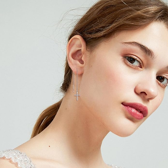 Cross/Heart Threader Earrings 925 Sterling Silver Long Earrings Chain Earrings Long Dangle Earrings for Women