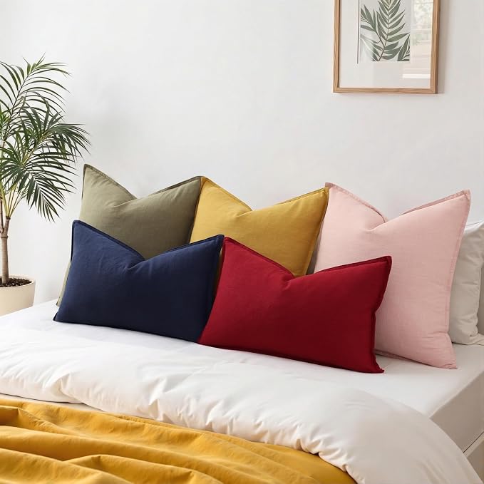 decorUhome Fall Navy Blue Linen Throw Pillow Covers 12x20 Set of 2 | Decorative Soft Cozy Modern Farmhouse Boho Accent Pillow Cases with Flange Edges for Couch Bed Sofa Living Room Home Decor