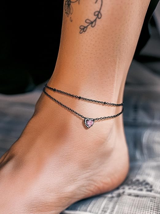 Richsteel Double Layer Heart/Butterfly Birthstone Anklet for Women Non Tarnish Waterproof, Silver/Gold/Black Stainless Steel 8.5-10.5 Inch Adjustable Chain Anklets Jewelry Gifts for Her