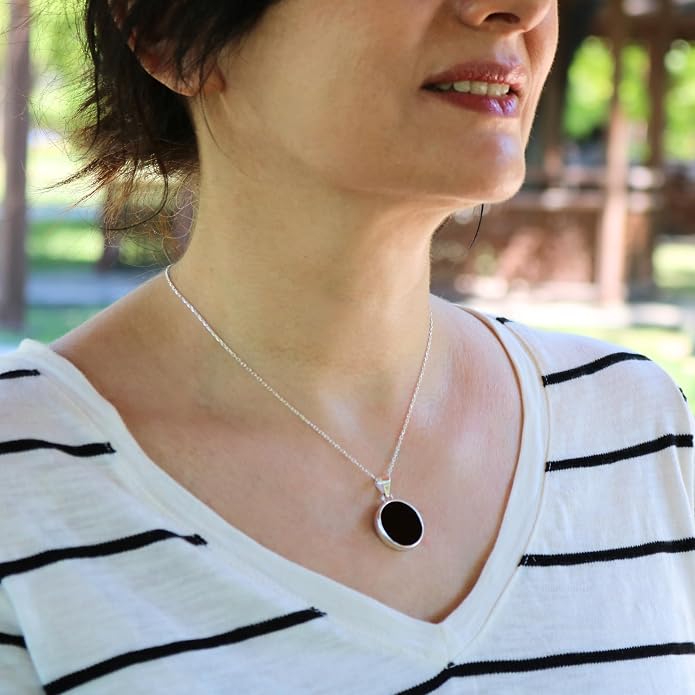 Sterling Silver 925 Black Onyx Flat Round Handmade Pendant Necklace for Women & Men - Unisex