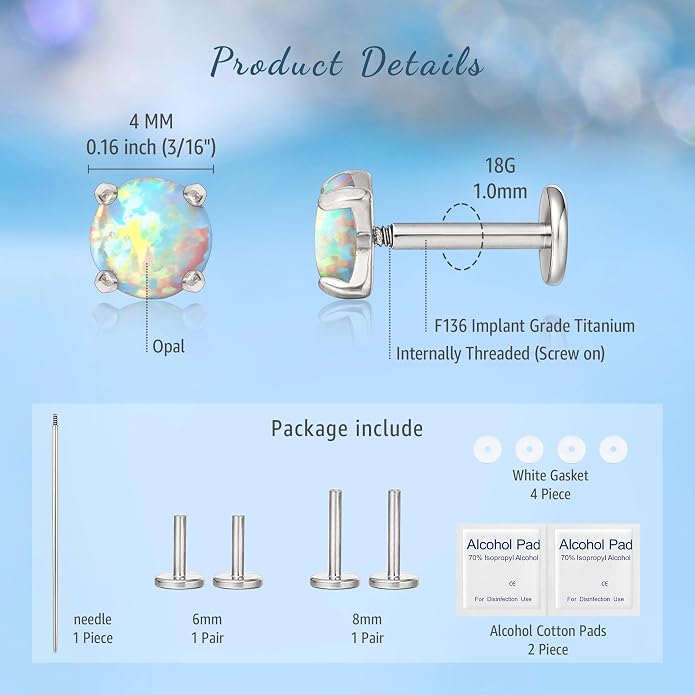 Limerencia 2Pcs 18g Titanium Internally Threaded Tragus Piercing Jewelry Nose Studs Flat Back Earrings Labret, Lip, Helix, Cartilage, Conch, Medusa Piercing for Women Men Sensitive Ears