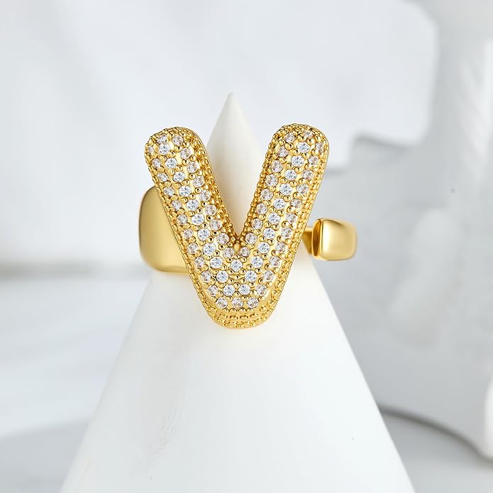 Cicy Bell Initial Rings for Women 14k Gold Plated Cubic Zirconia Delicate Letter Chunky Statement Open Rings Gifts for Her