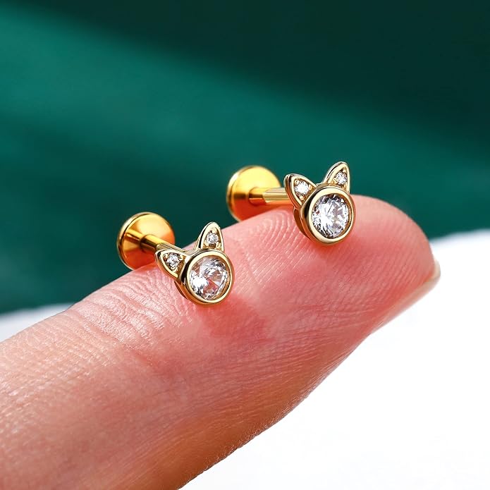 COCHARM 14K Gold Threadless Helix Cartilage Tragus Earring Stud, 16g Cat 14K Real Gold Tragus Labret Stud Flat Back, 14Kt Push Pin Helix Cartilage Piercing Jewelry