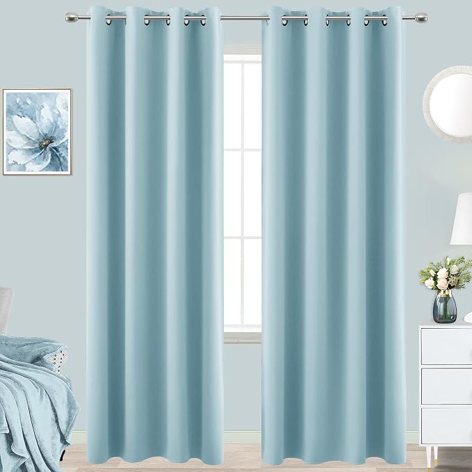 KOUFALL Light Blue Curtains 96 Inches Long for Living Room,Blackout Room Darkening Grommet Thermal Window Treatments Grand Millenial Curtain Drapes for Bedroom Decor,96 Inch Length 2 Panel Set