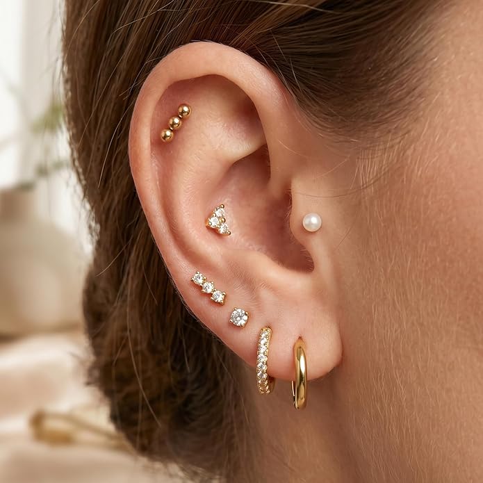 Stainless Steel Stud Earrings Set for Women Hypoallergenic Flat Back Cartilage Earrings Screw Back Huggie Hoop Earrings Multiple Piercing Cubic Zirconia Helix Tragus Jewelry