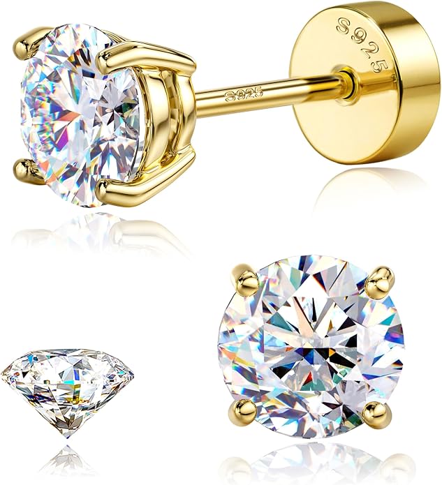 GEMQUEEN Moissanite Earrings Studs : 18K Gold Plated Solid 925 Sterling Silver Stud Earring for Women Men Hypoallergenic Dainty Moissanite Jewelry for Sensitive Ears Round Cut D Color VVS1 2-7.5mm