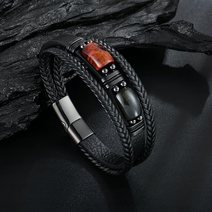 Mens Leather Bracelet Natural Tiger Eye Protection Multilayer Braided Wristband Bangle Gifts for Him