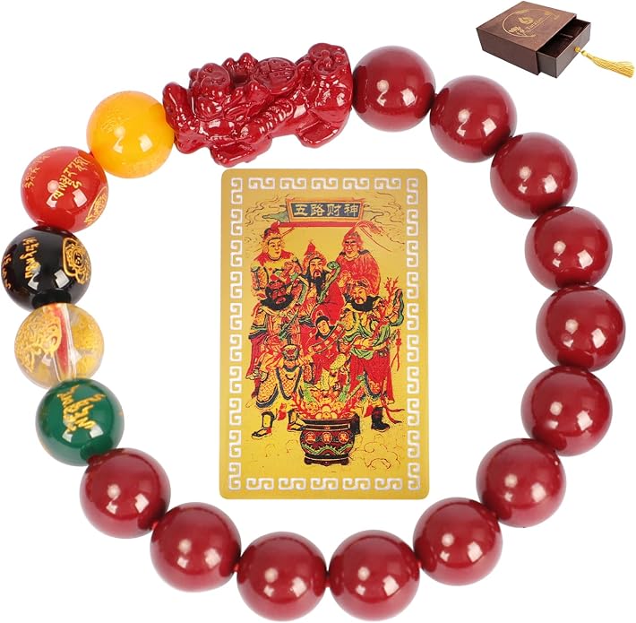 Five Roads Wealth God Cinnabar Pixiu Bracelet - Feng Shui Red String Bracelet for Good Luck & Money Attraction, Fortune Blessing for Men & Women, Adjustable Lucky Charm Bracelet (Classic & Cinnabar Options, 8/10/12mm)