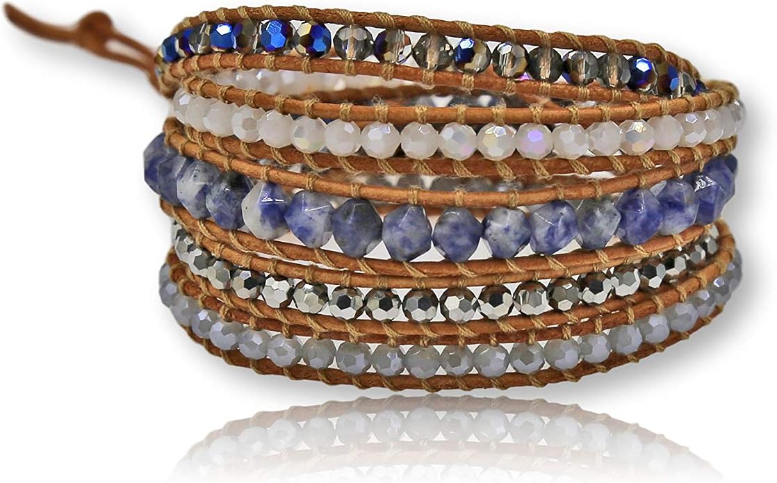 MGR MY GEMS ROCK! 35-Inch Long Multi-Layer Hand Crafted Gemstone and Crystal Multi-Stone Beaded on Genuine Leather Boho Style Stackable Super Wrap Bracelet, up to 5 Wraps.