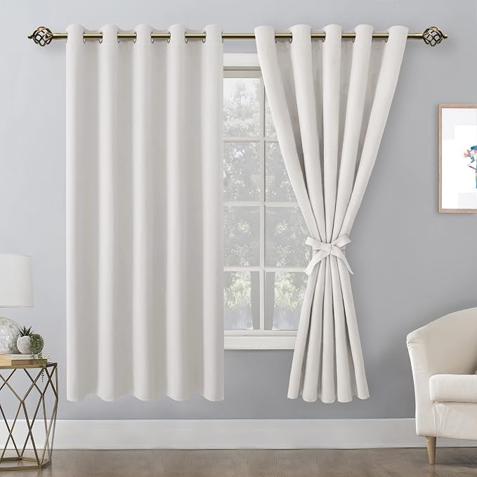 Hiasan Blackout Curtains for Bedroom, 60 x 63 Inches Length - Thermal Insulated & Light Blocking Window Curtains for Living Room/Kids Room, 2 Drape Panels Sewn with Tiebacks, Ivory