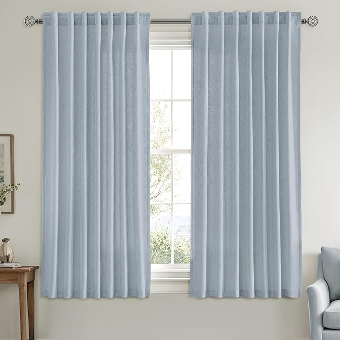MIULEE Non-See-Through Privacy Linen Curtains 52W x 63L Inch Blue | 2 Panels, Light Filtering, Semi Sheer Window Curtains, Farmhouse Textured, Back Tab Drapes for Bedroom Living Room