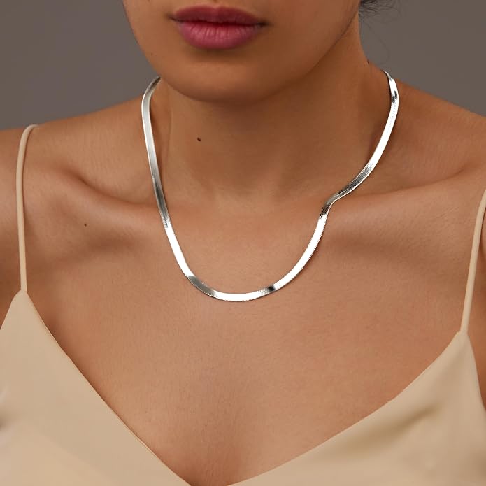 WomenGifts 14K Gold Silver Plated Herringbone Necklace for Women, Dainty Snake Chain Choker, Trendy Simple Long Layered Jewelry Non Tarnish, 3/4/5/8mm,14,16,18,20,22,24,26 Inch Thin & Chunky Options