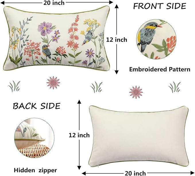Embroidered Throw Pillow Covers 12 x 20 Pack of 2 Vintage Birds with Flowers Pillow Covers Summer Decor Pillowcase Farmhouse Floral Pillow Cushion Cases Boho Pillowcases Lumbar Pillow Case