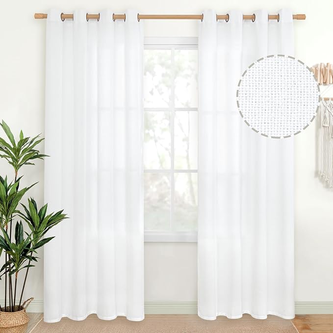 YoungsTex White Linen Curtains 84 Inches Long for Living Room with Grommet | Semi Sheer Drapes Light Filtering Window Treatments for Dining Bedroom, 52 X 84 Inch, 2 Panels