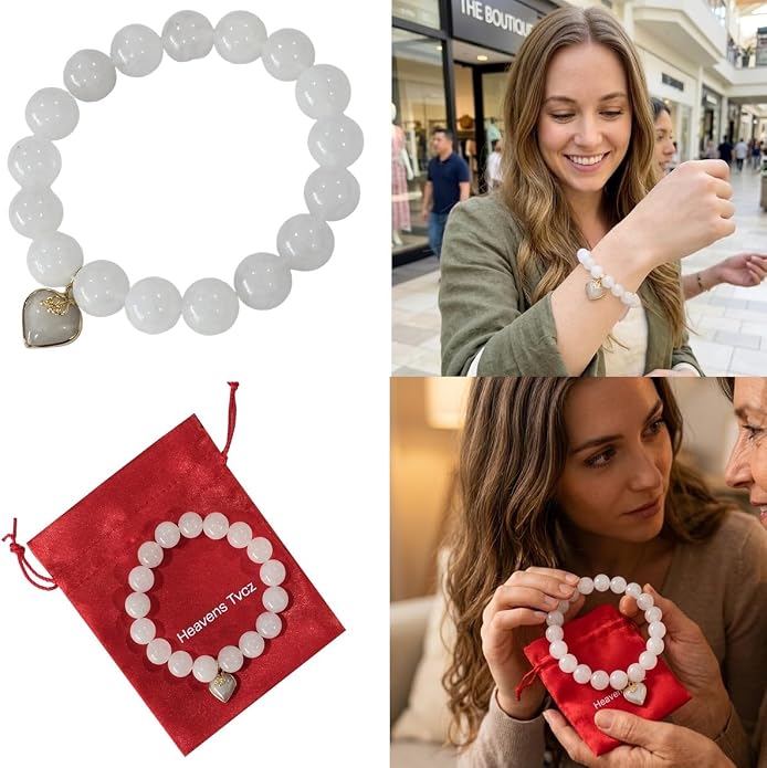 Premium White Jade Bracelet with Heart Charm – Natural White Jade Beaded Stretch Bracelet for Women, Elegant Lucky Crystal Jewelry Gift with Red Satin Pouch