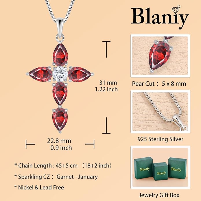 Cross Necklace for Women 925 Sterling Silver Teardrop Birthstone Pendant Religious Jewelry Gifts for Women