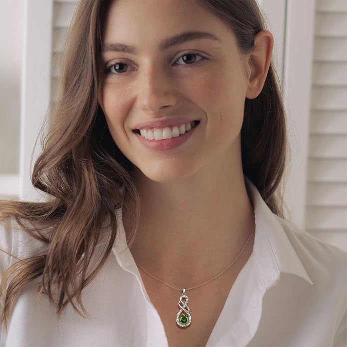 Gemstone Infinity Pendant Necklaces for Women, S925 Sterling Silver Round cut Zircon Necklace Birthstone Jewelry Gift for Her