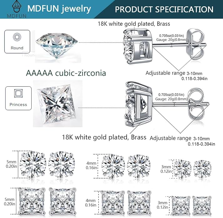 MDFUN 6 Pairs Stud Earrings Set 3mm/5mm/7mm Princess & Round Cubic Zirconia Earrings Hypoallergenic 316L Surgical Stainless Steel CZ Earrings for Women Men
